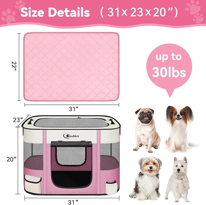 Siedihit 31" Dog Playpen,Cat Puppy Pen, Pet Portable Crate Indoor Outdoor | Durable Travel Camping Use,Foldable Dog Kennel Tent Cage for Rabbit Small Animals with Carrying Case (Pink with Pad, Medium)