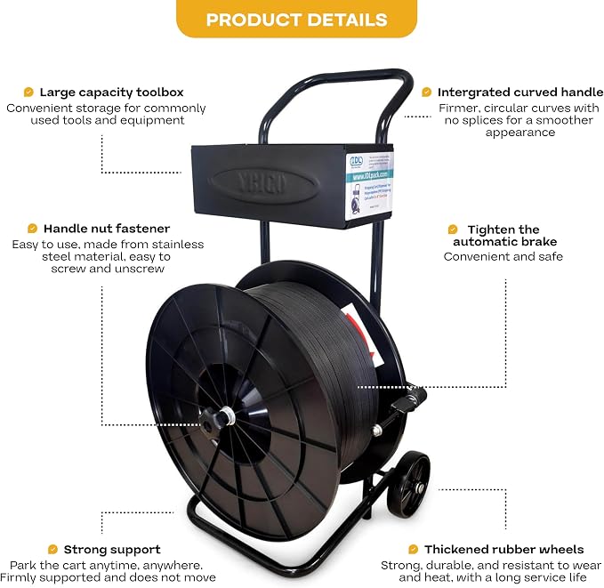 IDL Packaging Strapping Cart & Dispenser for PP Strapping (8" x 8" Core) | CA-240H for Polypropylene (PP) Coils - Durable Sturdy Tube Frame - Spacious Tray for Cutter, Buckles and Gloves