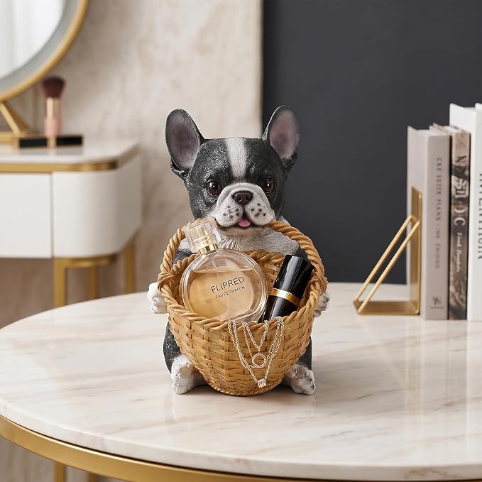 Black and White French Bulldog Key Bowl for Entryway Table, Funny Dog Candy Dish for Office Desk, Decorative Woven Basket & Unique Catchall Bowl for Keys, Small Baskets for Organizing
