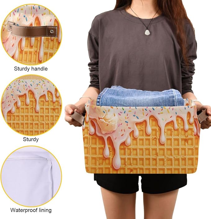Icecream Waffle Yellow Rectangular Storage Bin Basket with Handles - Nursery Storage Laundry Hamper Storage Baskets