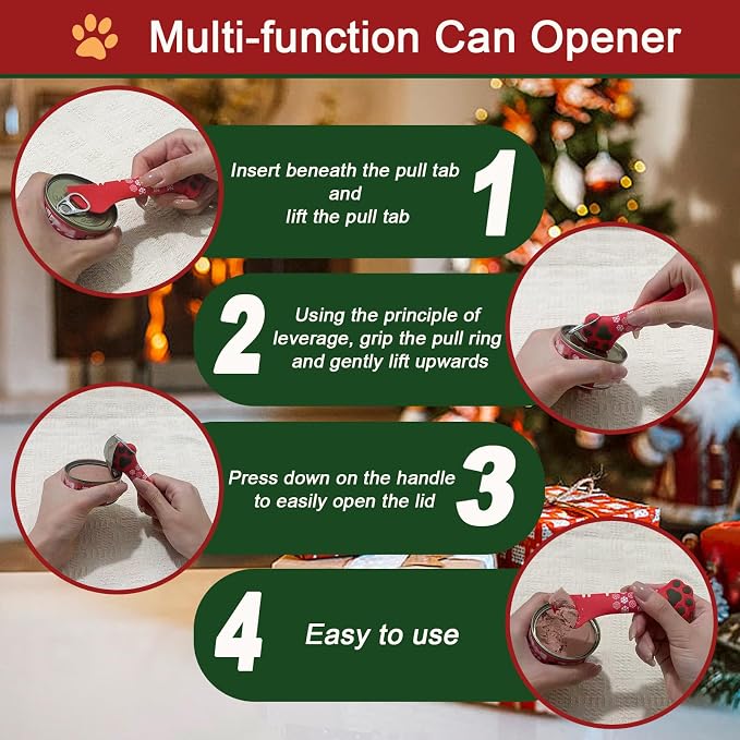SJANE 4 Pcs Christmas Style Cat Food Can Spoon & Can Covers | Cute Paw Silicone Pet Food Tin Opener Spatula & Lids | Stainless Steel Wet Foodstuff Spoon for Cats and Dogs(Christmas Red)