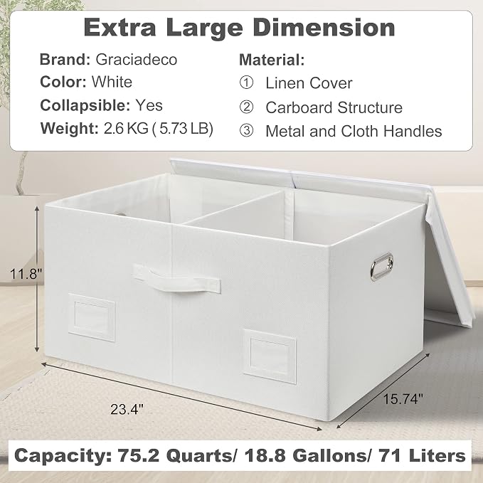 Graciadeco 75 Quarts Extra Large Decorative Storage Bins with Lids, 1 Pack White Collapsible Storage Bins with Lids, Stackable Storage Bins Decorative Box Storage With Lid Extra Large | 75 Quarts 1 Pack White Collapsible Stackable Linen Fabric 4 Handle...
