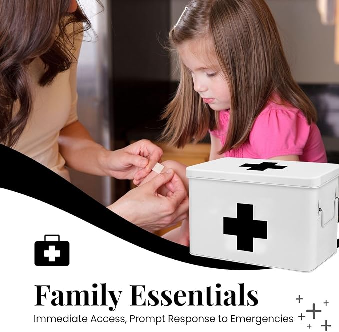 Flexzion Large Metal First Aid Box Empty, 13-Inch, White with Black Cross | Vintage Medicine Box and First Aid Storage Organizer with Removable Tray and Dividers; Empty Box Only, Supplies Not Included