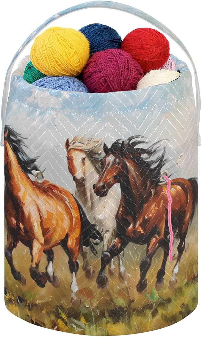 Fustylead Horses Galloping on Grassland Oil Painting Yarn Knitting Crochet Drawstring Bag with Customized Front Compartment, Portable Large Storage Basket for Crocheting Project, Yarn Ball, Needles