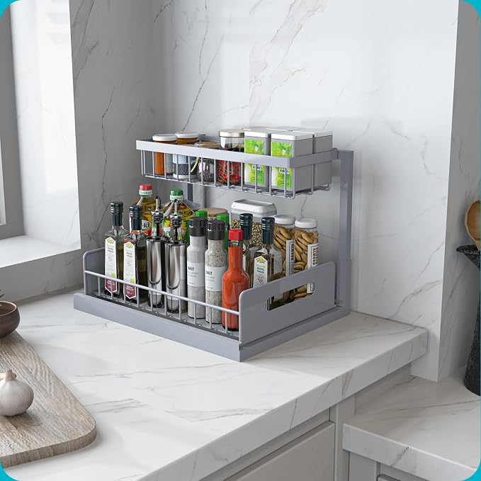 Under Sink Organizer, L-Shaped 2 Tier Pull Out Cabinet Organizer | For Kitchen and Bathroom, Slide Out Under Cabinet Storage, Metal Under Sink Storage with Sliding Drawer, 50 lbs, Grey 2 Pack