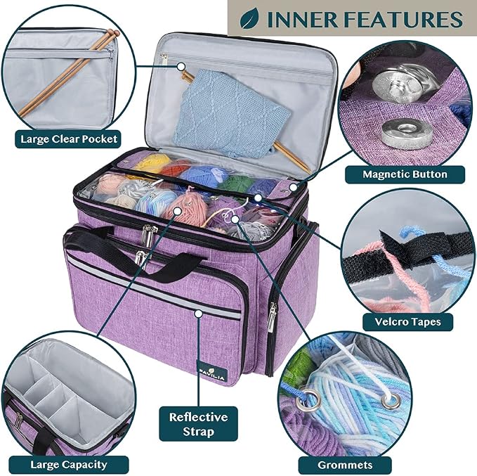 PAVILIA Knitting Bag Yarn Storage Tote - Crochet Organizer Bag, Yarn Storage Holder with Dividers for Knitting Accessories, Yarn Skiens, Needles, Hooks, Unfinished Project (Heather Gray)