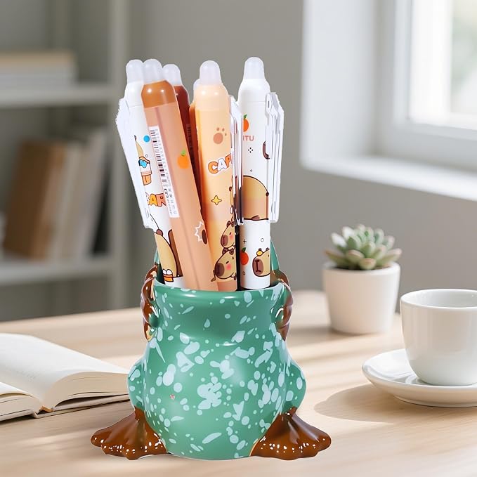 Ceramic Frog Shaped Pen Pencil Holder for Desk Decoration Accessories Frog Decor Makeup Brush Pen Cups Succulent Plant Pot Office School Ideal Gifts for Women, Mom or Birthdays