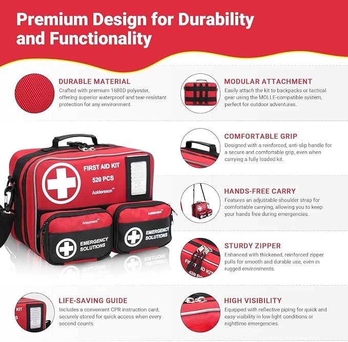 520 Premium Piece Large First Aid Kit – Emergency Survival Kit for Car, Home, Camping, and Travel – Compact Medical Kit for Roadside Emergencies, Outdoor Adventures, and Everyday Safety