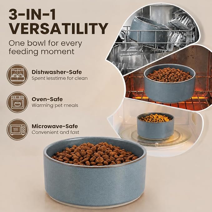 hjn Elevated Ceramic Dog Bowl with Bamboo Stand, Raised Pet Feeding Station for Small Medium Dogs Cats, Modern Design with Anti-Slip Base (Gray Blue, 3.6Cup)