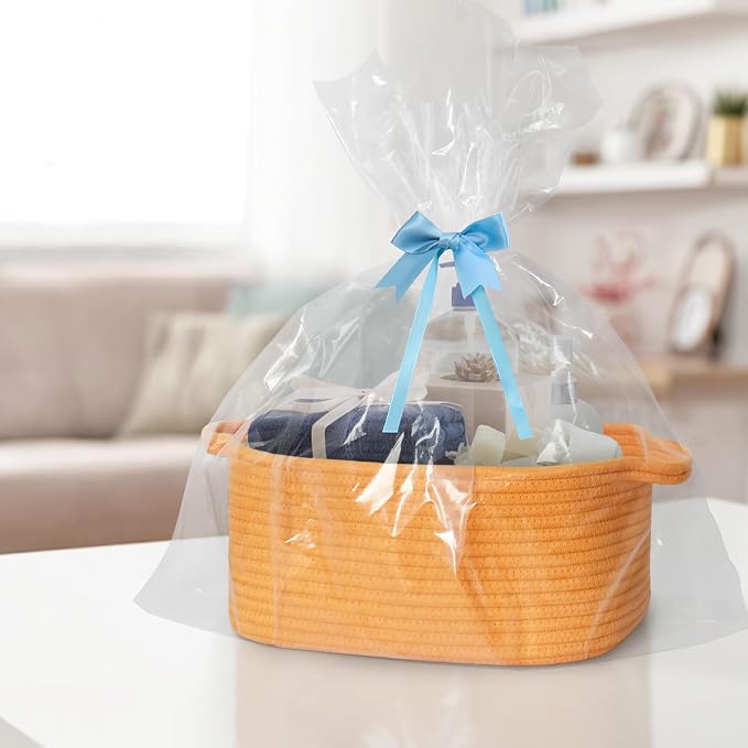 MEGASKET Orange Woven Basket, 13.5" x 10" x 6" Baskets for Gifts Empty, Cute Cotton Rope Cat Dog Toy Bin Box, Small Woven Bin for Organizing, Orange Room Decor, Nursery Cloth Diaper Storage Organizer