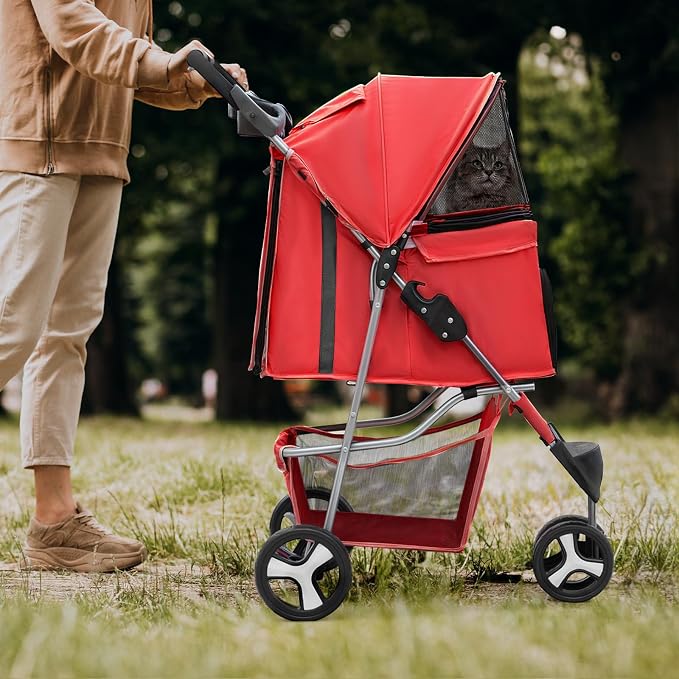 Magshion 3-Wheel Pet Stroller for Small/Medium Dogs & Cats, Up to 33lbs | Foldable Travel Jogger w/ Breathable Mesh Cover, Lightweight Design, Safety Tethers, Cup Holder & Storage Basket