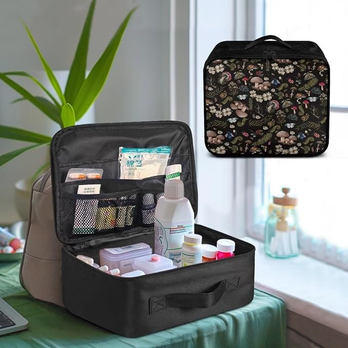 Rnyleeg Black First Aid Kits for Businesses Portable Medical Kit for Car Travel Medicine Bag Organizer Home Medical Supplies Mushroom Butterfly Flower Pattern