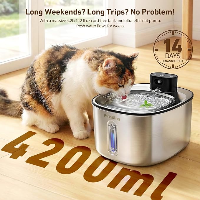 PartsBling Wireless Cat Water Fountain Stainless Steel, 4.2L/142fl oz Ultra Quiet Pet Water Dispenser Bowl for Cats & Dogs, Cordless Dog Water Fountain with 5000 mAh Battery Operated with 4 Filters