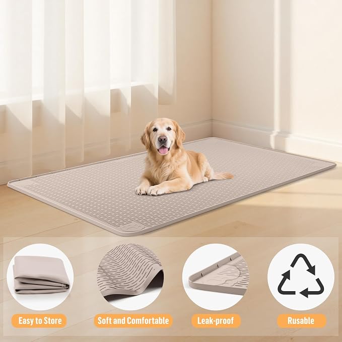 Silicone Dog Bed Mat 40"x 40" Crate Mat for Dog Cages, Khaki | Extra Large Kennel Mat with Raised Edge, Washable, Leakproof, Waterproof Dog Mat for Crate, Dog Floor Mat to Protect Floors