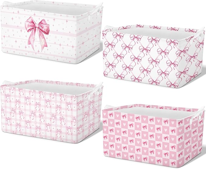 4pcs Christmas Storage Basket Fabric Laundry Baskets with Handle Xmas Foldable Organizer Boxes for Office Home Baby Cloth Toy Book 15 x 10 x 8 (Pink Bowknot)