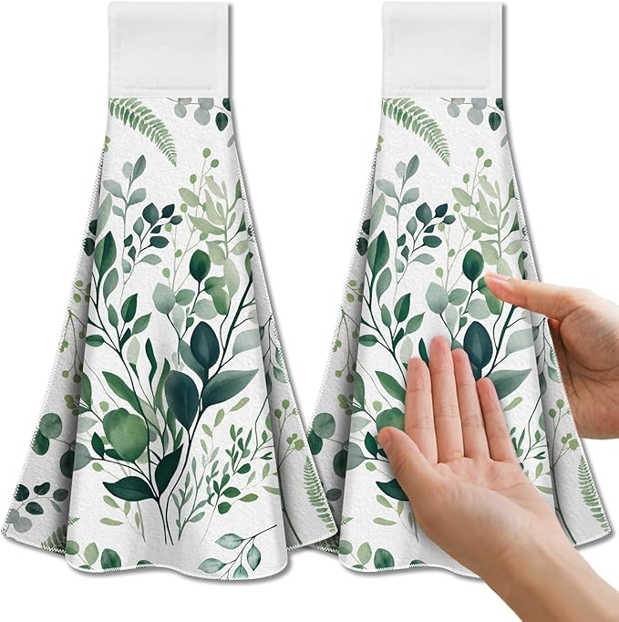 CUTHOLLOW Watercolor Green Leaves Hanging Kitchen Towels with Loop, Set of 2 - Soft & Super Absorbent Microfiber Decorative Hanging Dish & Hand Towel, Tea Coffee Towel for Kitchen Bathroom Oven Handle