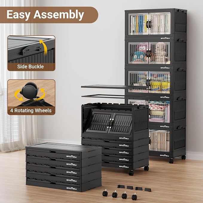 BROVIEW 180Qt Stackable Storage Bins with Lid for Home Dorm, 3Pack Black | Closet Organizers, Foldable & Collapsible Cabinets, Large Containers, Wheels & Magnetic Doors, Plastic Drawers for School