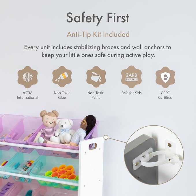 Humble Crew Kids Toy Organizer with 16 Bins, 4 Tier Storage for Playroom | Sturdy wood and steel toddler shelf, removable BPA-free containers, wall anchor anti-tip safety kit for bedroom or classroom