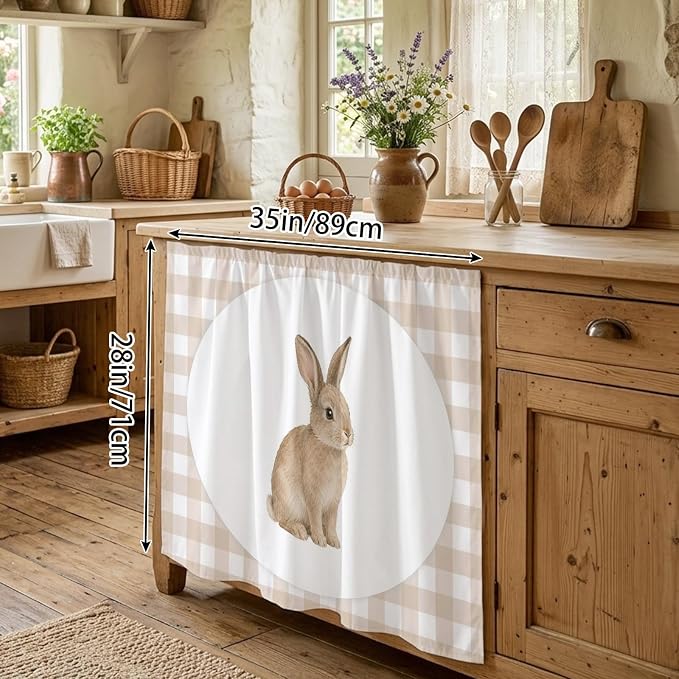 Rabbit Plaid Oven Skirt Curtain for Kitchen Decor 28"x35", Modern Farmhouse Checkered Rustic Animal Self Adhesive Stove Curtains Skirt Cabinet Curtains for Bathroom Laundry Room