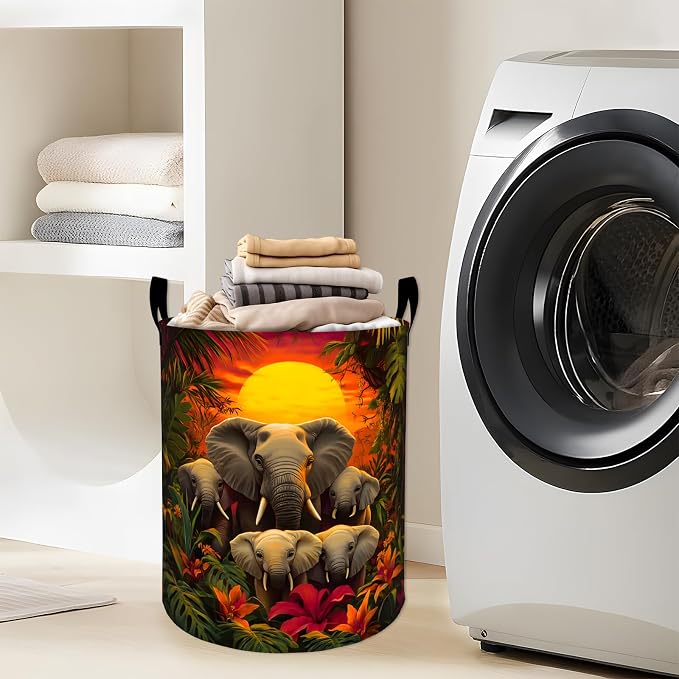 Elephant Laundry Basket, Jungle Animal Sunset Nature Storage Hamper, Round Collapsible Waterproof Cloth Bin, 19.7x15.7 Inch Tropical Clothes Organizer Gifts for Bathroom Decor