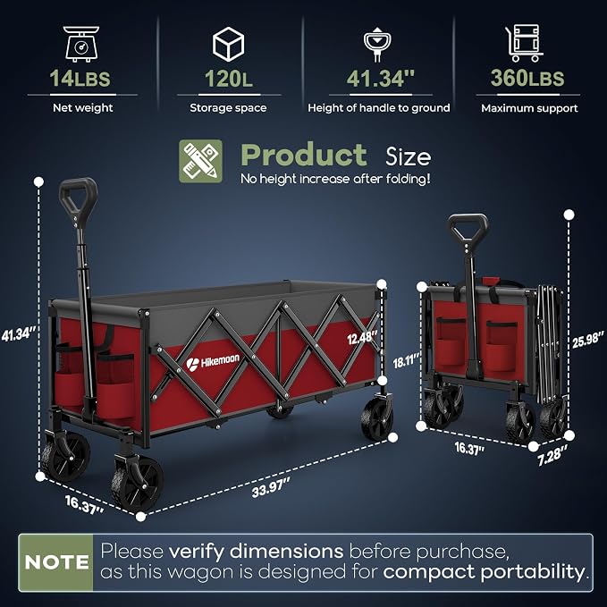 34'' Extra Long Folding Portable Wagon, 120L 360LBS Red & Grey | Wagons Carts Foldable, Heavy Duty, Collapsible Compact Storage, Utility for Shopping/Grocery/Garden/Camping/Sports
