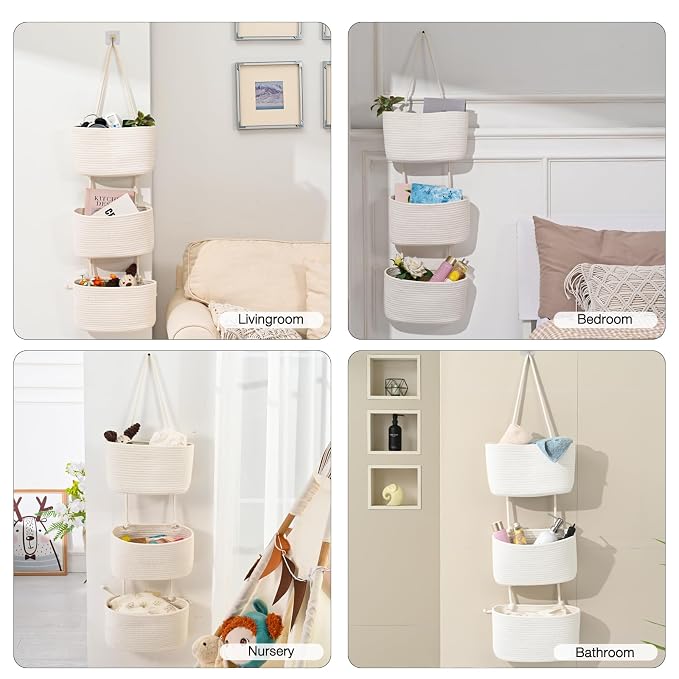 ICERZCZ Hanging Baskets for Organizing, Over the Door Decorative Storage Organizer, Nursery Decor Organization, 3-Tier Wall Basket for Entryway Playroom Bathroom Closet, Off White