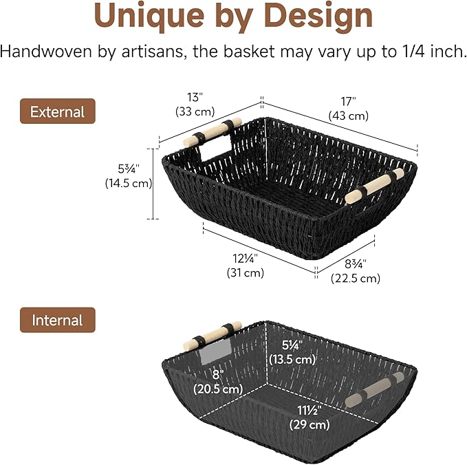 StorageWorks Large Wicker Storage Basket, Paper Rope Storage Baskets, Black | Wicker Storage Baskets for Shelves, Baskets with Wooden Handles, 2-Pack Gifts Basket for Home Decor, Hand-Woven Basket