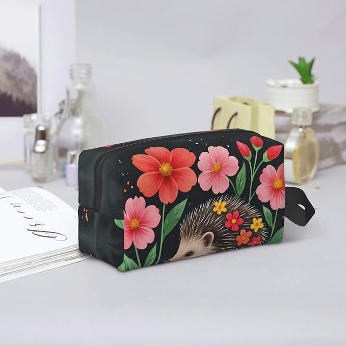 flower hedgehog Makeup Bag - Durable 600D Oxford Fabric Travel Cosmetic Bag, Shockproof Foam Padded Toiletry Organizer for Gym & Daily Use 10x6.2x4.9 Inch