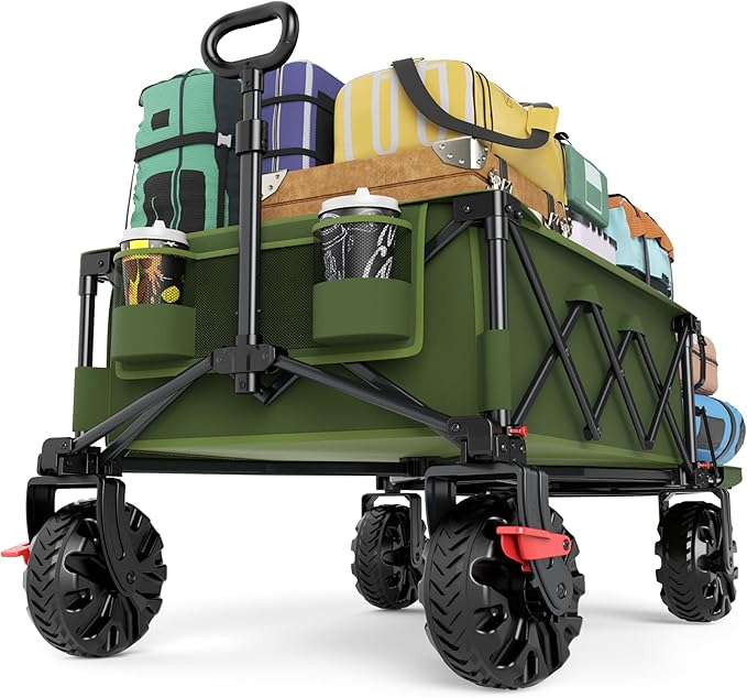 TIMBER RIDGE 600L Beast Wagon 26" W Extra Wide All Terrain Folding w/Big Wheels, Cargo Net & Tailgate, 400lbs Heavy Duty Portable Cart 54.5" L Large Collapsible Wagons for Camping, Sports, Dogs, Green
