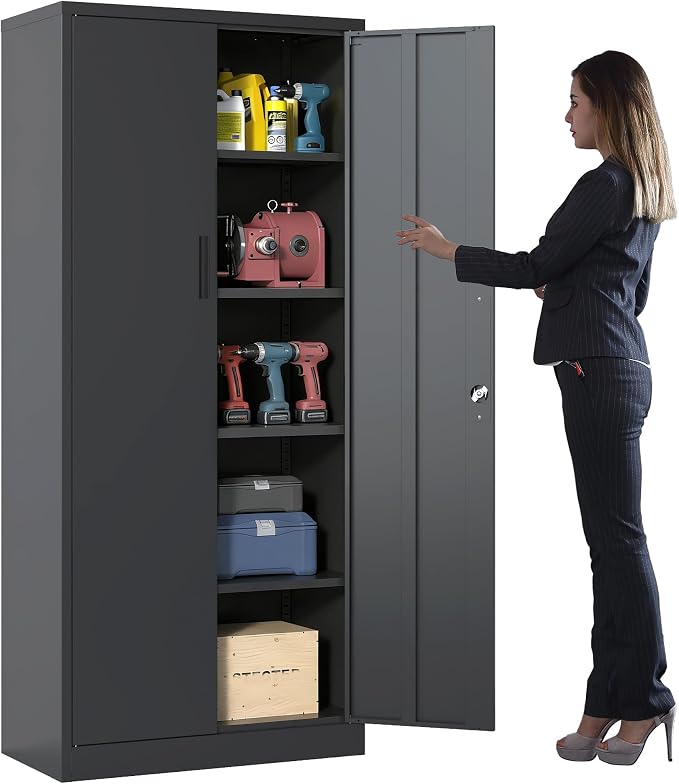 Metal Storage Cabinet for Garage, Tool Cabinet, Utility Cabinet | Tall Tool Cabinet, Lockable, 2 Doors, 4 Adjustable Shelves, Assembly Required, Black