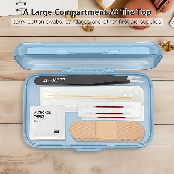 FYY Travel Pill Organizer, Large Weekly Medicine Pill Organizer-Blue | Airtight Moistureproof Medicine Case, Easy to Use, 8 Compartment Pill Box for Vitamins, Fish Oil, Supplements, Mini First Aid