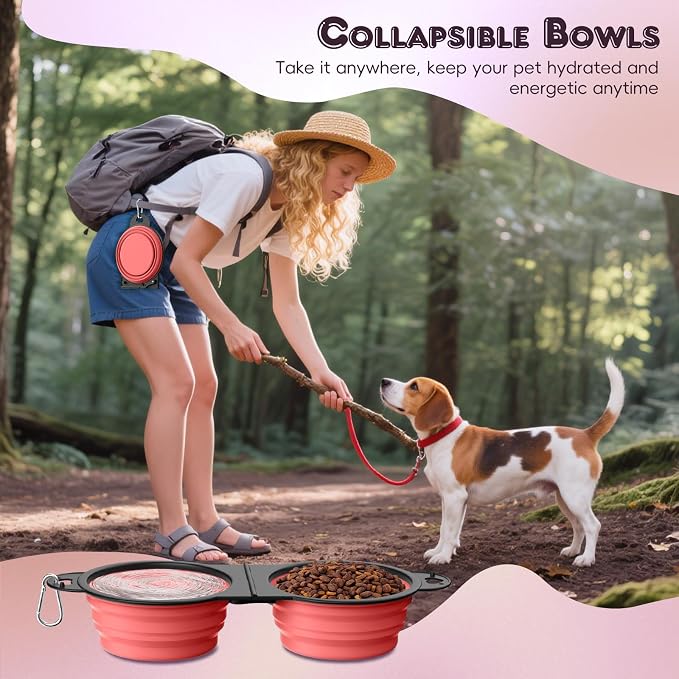 Pawaboo 2-in-1 Collapsible Dog Bowls, 180° Flip Over Dual Puppy Bowls | Food and Water Portable Silicone Dog Bowl with Metal Hook, 450ml Pet Travel Feeder Bowl for Walking Hiking Camping,Light Pink