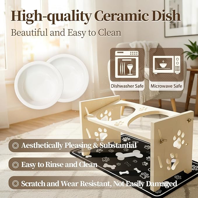 2026 New Elevated Cat Bowls with Food Mat, Adjustable Height & Angle Raised Cat & Dog Bowls Stand for Food and Water, Cat or Small Dog Feeding Station, 2 Ceramic Bowls for Cats and Puppy(Natural Wood)