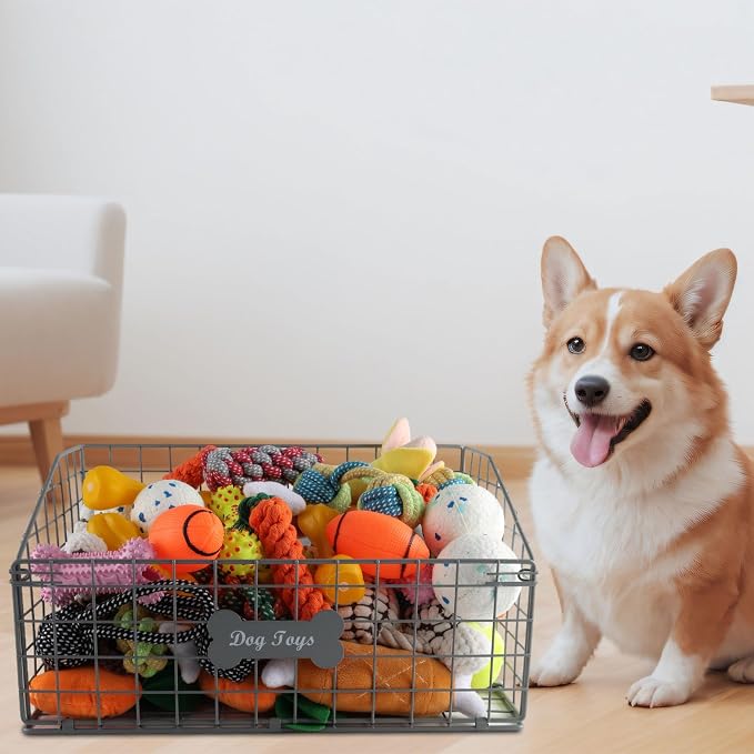 Geyecete Toy box for dogs large Dog Toy organizer Pet wire folding basket DOG TOY container dog toy box-Chew-Proof Dog Food Toy Storage-Gray