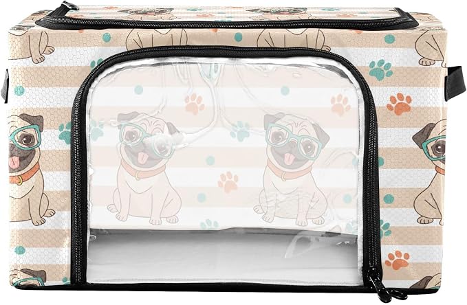 Cute Pets Pug Beige print Under Bed Storage Containers with Double Zipper Openings, Foldable Clothes Storage Bins with Clear Window and Handles for Blankets Comforters Bedding