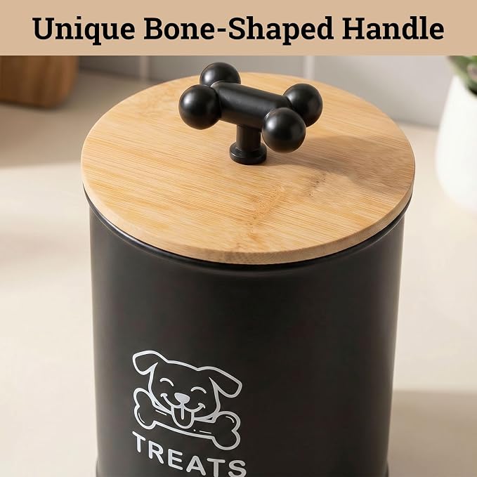 Dog Treat Container Airtight, 4.6"W x 6"H, Powder Coated, 6 Cup Capacity | Fits All Popular Treats, 6 Cup Capacity, Airtight Bamboo Lid, Easy Open Lid, Dent-Resistant Durable Metal Bone-Shaped Handle