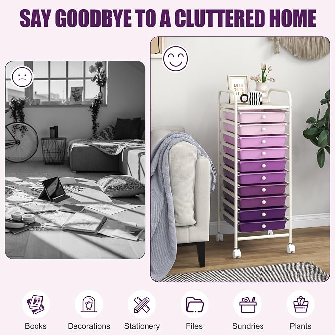 10 Drawer Rolling Storage Cart, Organization Cart on Drawers for Craft Makeup Paper Tool Art Supply, Versatile Utility Cart on Wheels for Home Office Classroom School (Gradient Purple)
