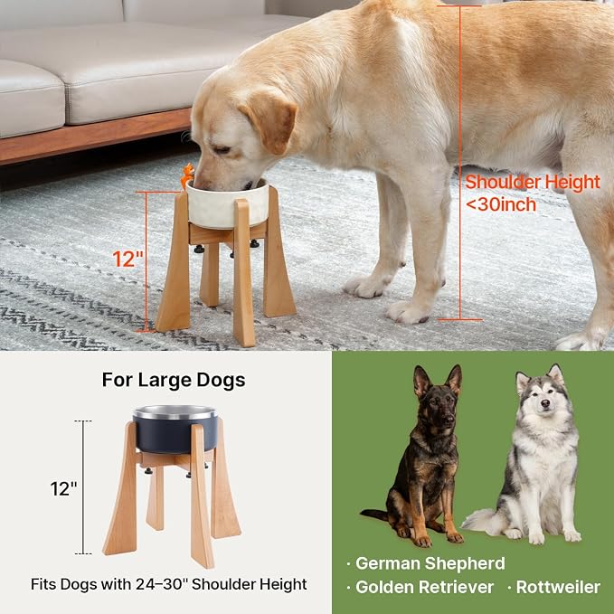 Solid Wood Elevated Dog Bowl Stand with Adjustable Width, 12-Inch Raised | Fits 6.3-7.8 Inch Dog Food & Water Bowls, Non-Slip Base, Ergonomic Design for Corgis, Beagles, Medium Breeds, Stand Only