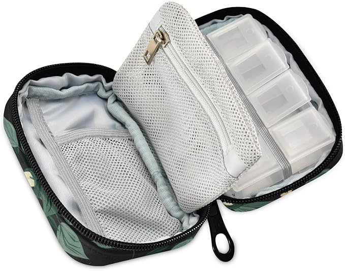 Flowers and Leaves Pill Box 7 Day Pill Case Travel Pill Organizer Bag with Zipper Portable Weekly Case Compact Size for Vitamin Supplement Holder