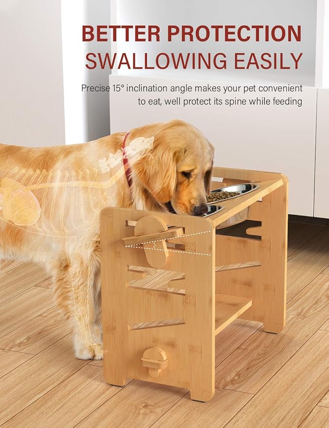 Elevated Dog Bowls, Raised Dog Bowl Stand Adjustable Medium, Natural | Bamboo Elevated Feeder with 2 Stainless Steel Bowls, Adjustable Height Stand for Medium Dogs