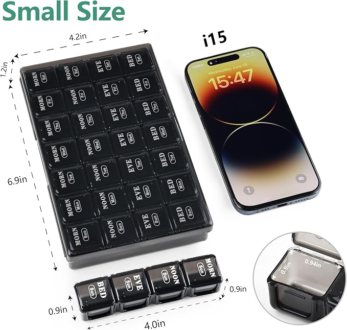 MOLN HYMY Cute Pill Organizer 4 Times a Day, Daily Pill Box 7 Day, 28 compartments, Portable, Travel Friendly Medicine Planner for Vitamins/Fish Oils/Medication/Supplements (Black, Small)