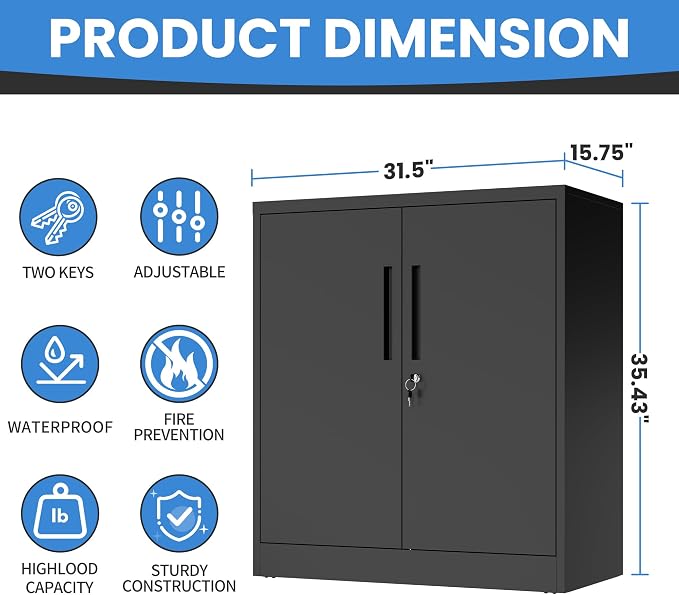 Metal Storage Cabinet for Garage, Tool Cabinet, Utility Cabinet | Medium Sized Tool Cabinet, Lockable, 2 Doors, 2 Adjustable Shelves, Assembly Required, Black