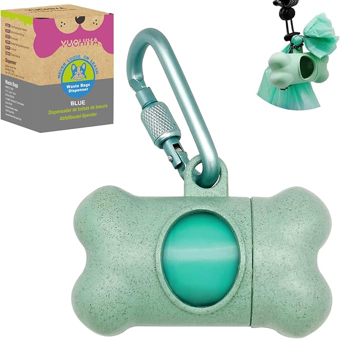 Dog Poop Pickup Bags Holder Dispenser with 1 Roll Random Color Leak-proof Scented Doggy Waste Bags and Carabiner with Safety Lock Plus Hook and Loop Fastener Never Loose on Leash Lead Again (Blue)