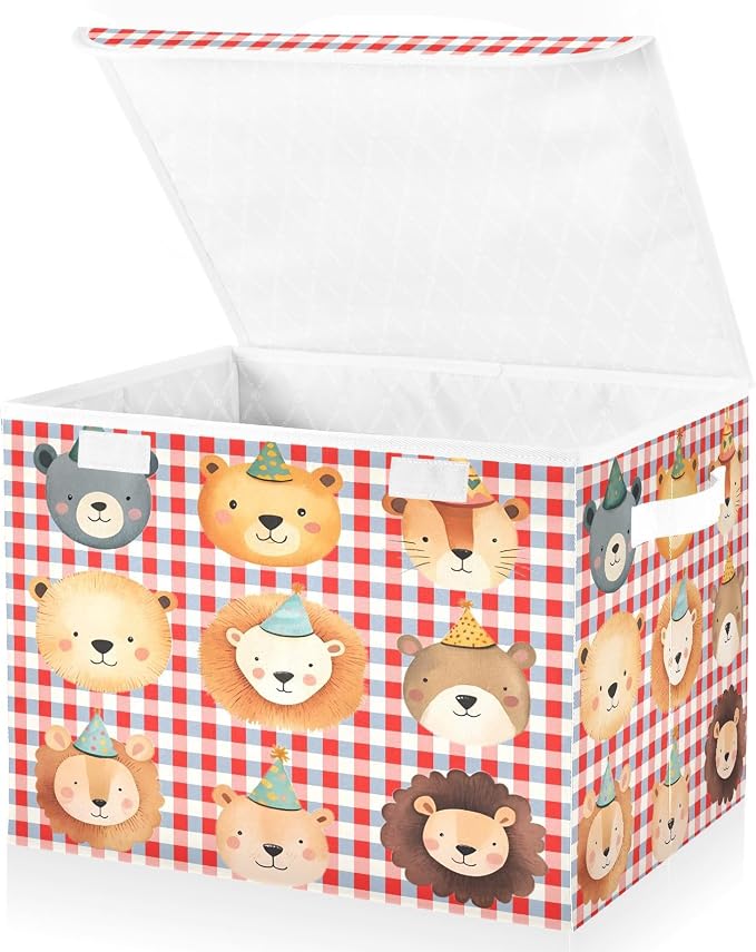 Zoo Lion Fabric Storage Bins with Lid Foldable Storage Boxes 40L Baskets | Decorative Storage Boxes, Dust-Proof Flip Top, Reinforced Handles, For Home & Bedroom, Clothes & Toy Box, Zoo Fabric Print