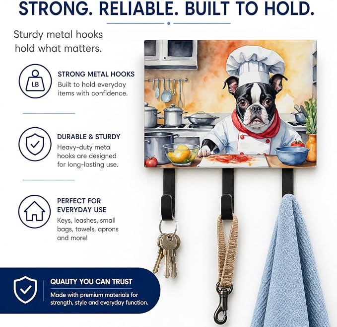 Caroline's Treasures Boston Terrier The Chef Leash or Key Holder Wall Hooks, Key Hooks Holder, Coat Rack Wall Mount, Coat Hooks, Hooks for Hanging Keys, Towels, Aprons, Leashes | Boston Terrier The Chef artwork on ceramic tile with three steel hooks fo...