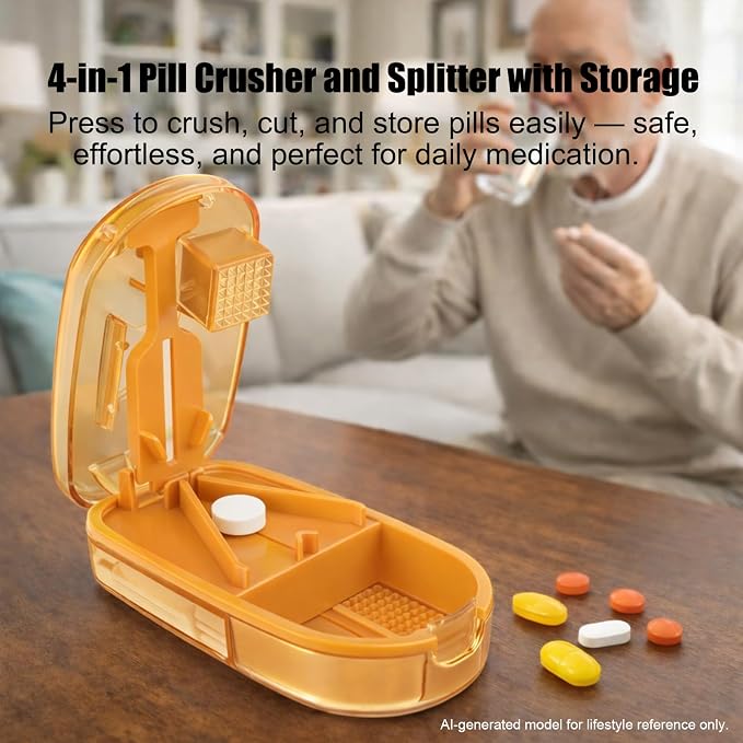 Pill Cutter and Crusher, Tablet Splitter with Pill Storage,Orange