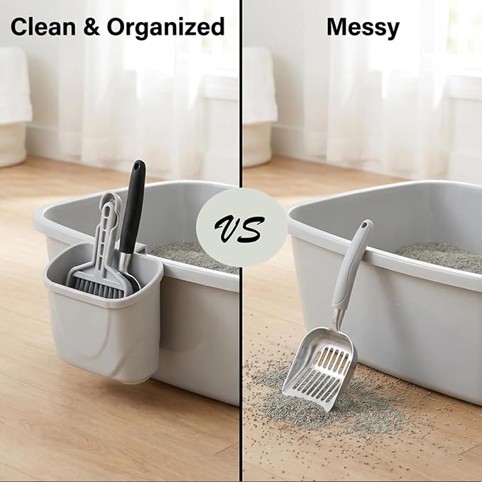 4-in-1 Cat Litter Scoop with Holder, Metal Litter Scoop Includes Portable Small Broom and Dustpan Set, Heavy Duty Stainless Steel Kitty Litter Scooper (Black)