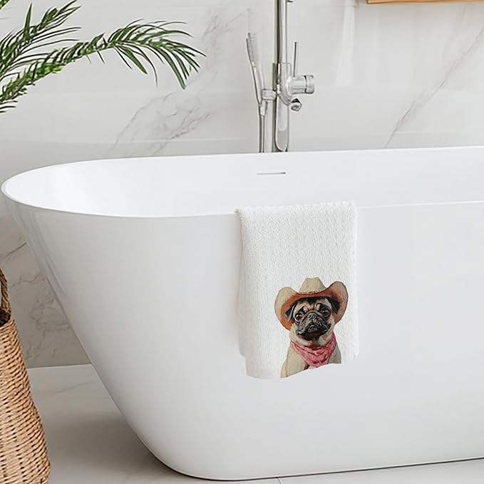 Cabana Bro Pug Kitchen Towels, Pug Gifts for Women Decorative Hand Towels for Bathroom, Funny Vintage Western Cowboy Dutch Dog Wrinkly Dog Dish Tea Towels for Kitchen, 16x24 Inch