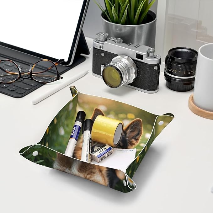 LeatherJewelry Valet Tray for Women Men, Portable Travel Catchall Tray Organizer Dish Plate Cute Pet German Shepherd Dog Bedside Vanity Tray Nightstand Caddy Holder for Wallet, Key, Coin