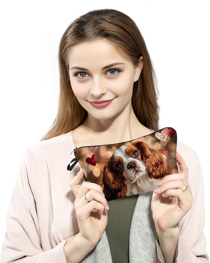 Cavalier King Charles Spaniel Makeup Bag Adorable Dog Print with Hearts Cute Cosmetic Pouch for Dog Lovers Travel Toiletry Organizer Gift for Pet Enthusiasts